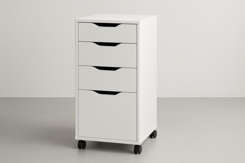 Schedario su ruote in MDF bianco a 4 cassetti, 67 x 35 x 40 cm