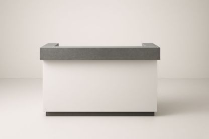 Bancone reception a forma di U in truciolato con finitura bianca e grigia