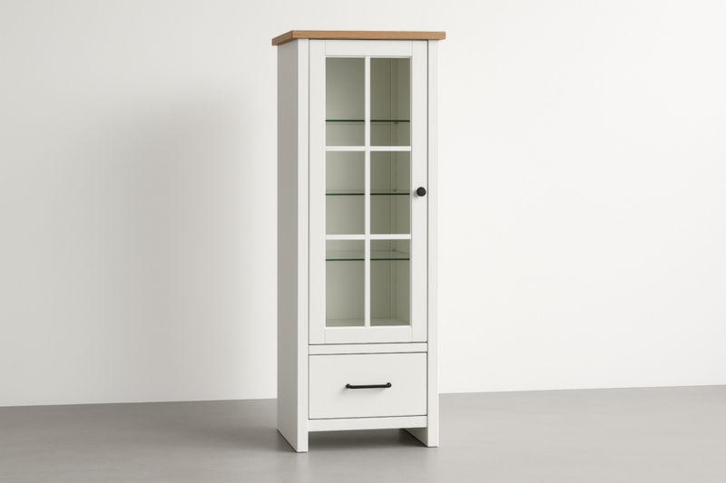 Vetrina in MDF e Vetro Temperato Bianco/Naturale con Ripiani e Cassetto