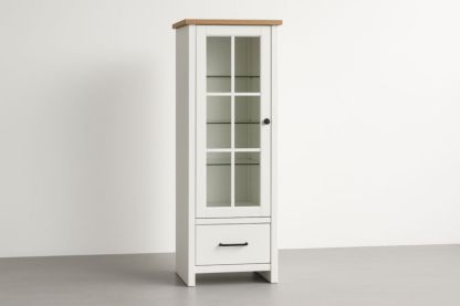 Vetrina in MDF e Vetro Temperato Bianco/Naturale con Ripiani e Cassetto