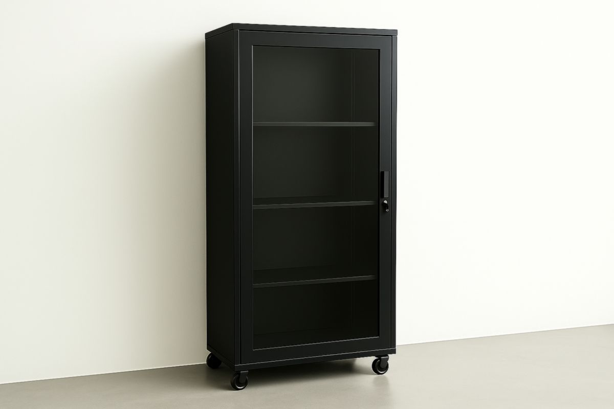 Armadio vetrina nero in acciaio con ruote e vetro temperato 180cm x 90cm x 40cm