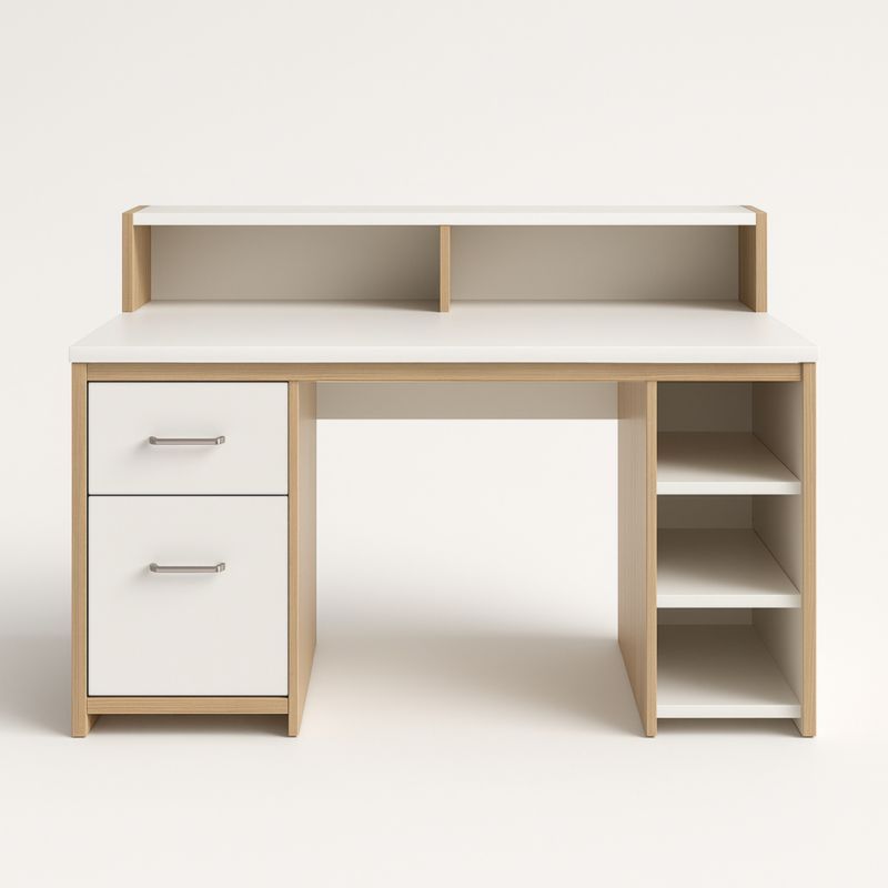 Scrivania MDF con Ripiani e Cassetti Bianco e Legno Chiaro 120x60x135 cm