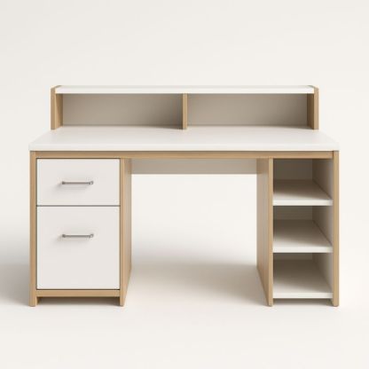 Scrivania MDF con Ripiani e Cassetti Bianco e Legno Chiaro 120x60x135 cm