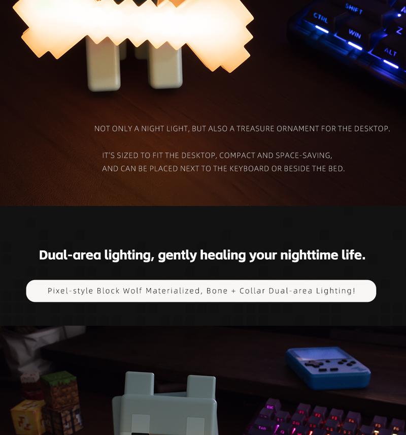 DIYCOM Pixel Wolf LED Night Light Game Style Wolf Lamp with Glowing Bone and RGB Collar 3D Printing Handmade Stylish Room Decor Christmas and New Year Gift Idea