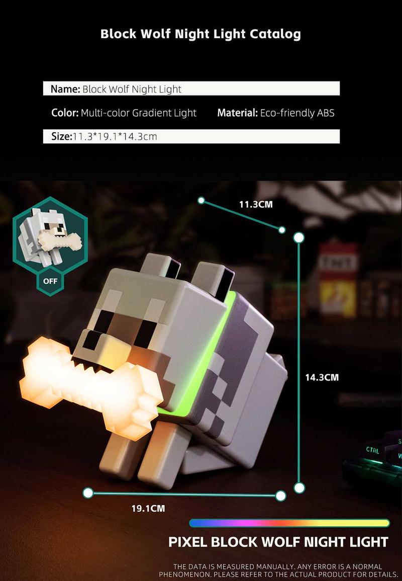 DIYCOM Pixel Wolf LED Night Light Game Style Wolf Lamp with Glowing Bone and RGB Collar 3D Printing Handmade Stylish Room Decor Christmas and New Year Gift Idea