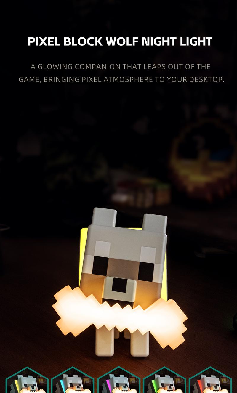 DIYCOM Pixel Wolf LED Night Light Game Style Wolf Lamp with Glowing Bone and RGB Collar 3D Printing Handmade Stylish Room Decor Christmas and New Year Gift Idea