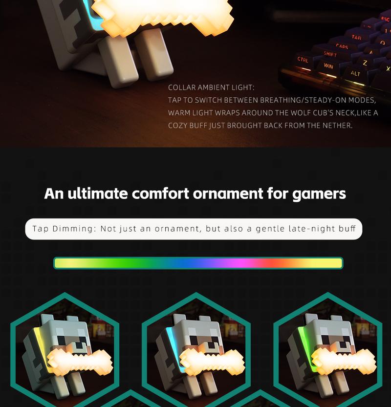 DIYCOM Pixel Wolf LED Night Light Game Style Wolf Lamp with Glowing Bone and RGB Collar 3D Printing Handmade Stylish Room Decor Christmas and New Year Gift Idea