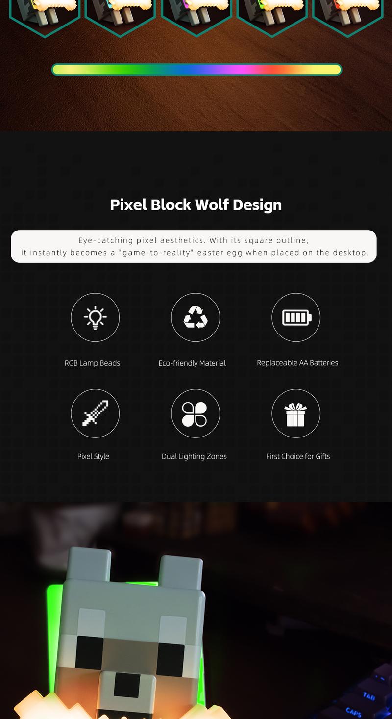 DIYCOM Pixel Wolf LED Night Light Game Style Wolf Lamp with Glowing Bone and RGB Collar 3D Printing Handmade Stylish Room Decor Christmas and New Year Gift Idea