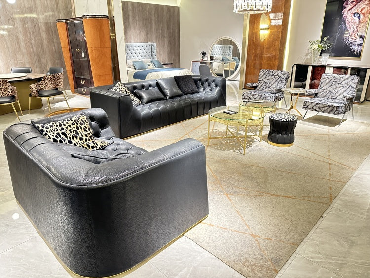 Italian Light Luxury robertocavalli Cracked Black Genuine Leather Villa Large Flat Living Room Straight Sofa