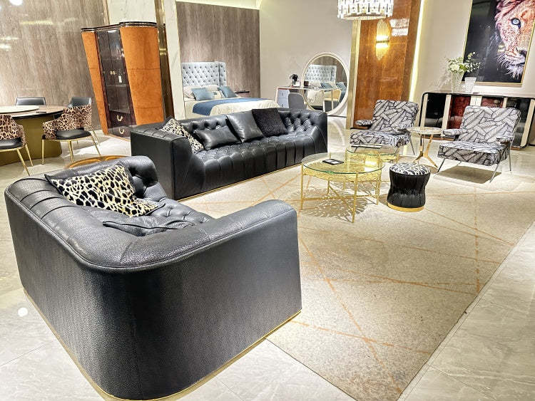 Italian Light Luxury robertocavalli Cracked Black Genuine Leather Villa Large Flat Living Room Straight Sofa