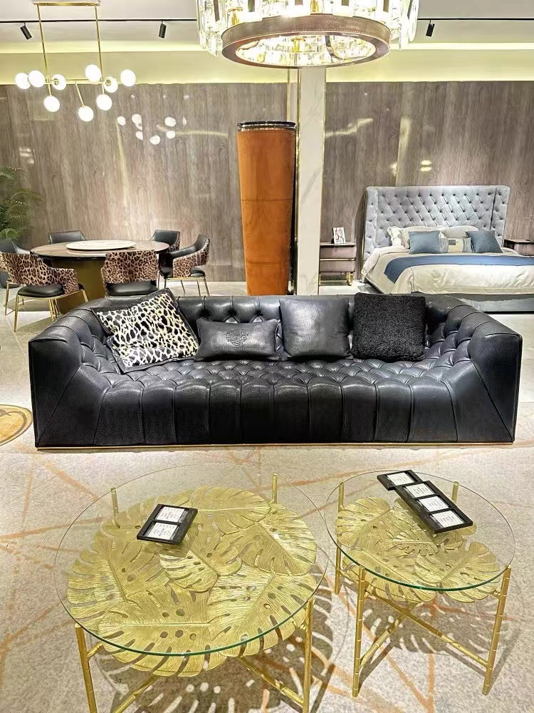 Italian Light Luxury robertocavalli Cracked Black Genuine Leather Villa Large Flat Living Room Straight Sofa