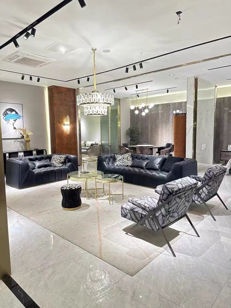 Italian Light Luxury robertocavalli Cracked Black Genuine Leather Villa Large Flat Living Room Straight Sofa