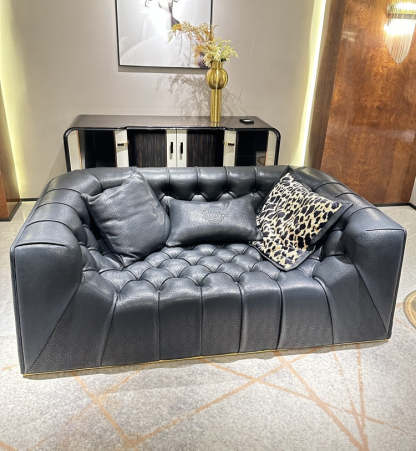 Italian Light Luxury robertocavalli Cracked Black Genuine Leather Villa Large Flat Living Room Straight Sofa