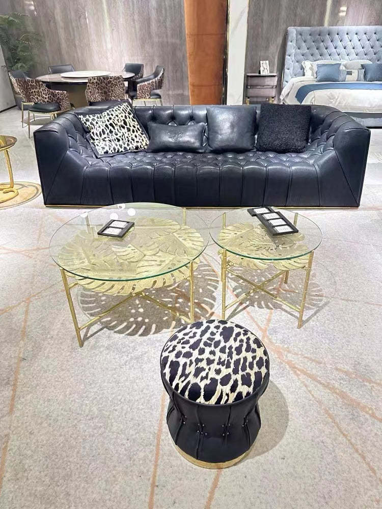 Italian Light Luxury robertocavalli Cracked Black Genuine Leather Villa Large Flat Living Room Straight Sofa