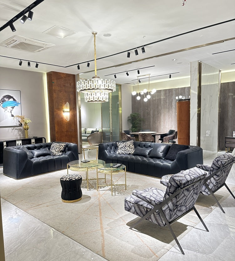 Italian Light Luxury robertocavalli Cracked Black Genuine Leather Villa Large Flat Living Room Straight Sofa