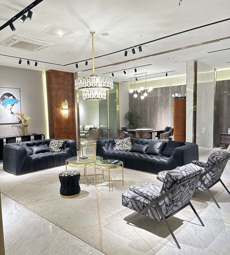 Italian Light Luxury robertocavalli Cracked Black Genuine Leather Villa Large Flat Living Room Straight Sofa