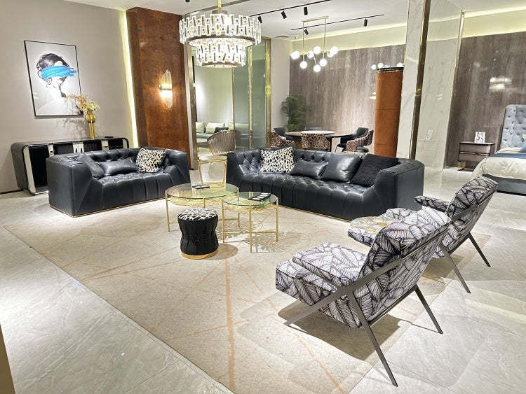 Italian Light Luxury robertocavalli Cracked Black Genuine Leather Villa Large Flat Living Room Straight Sofa