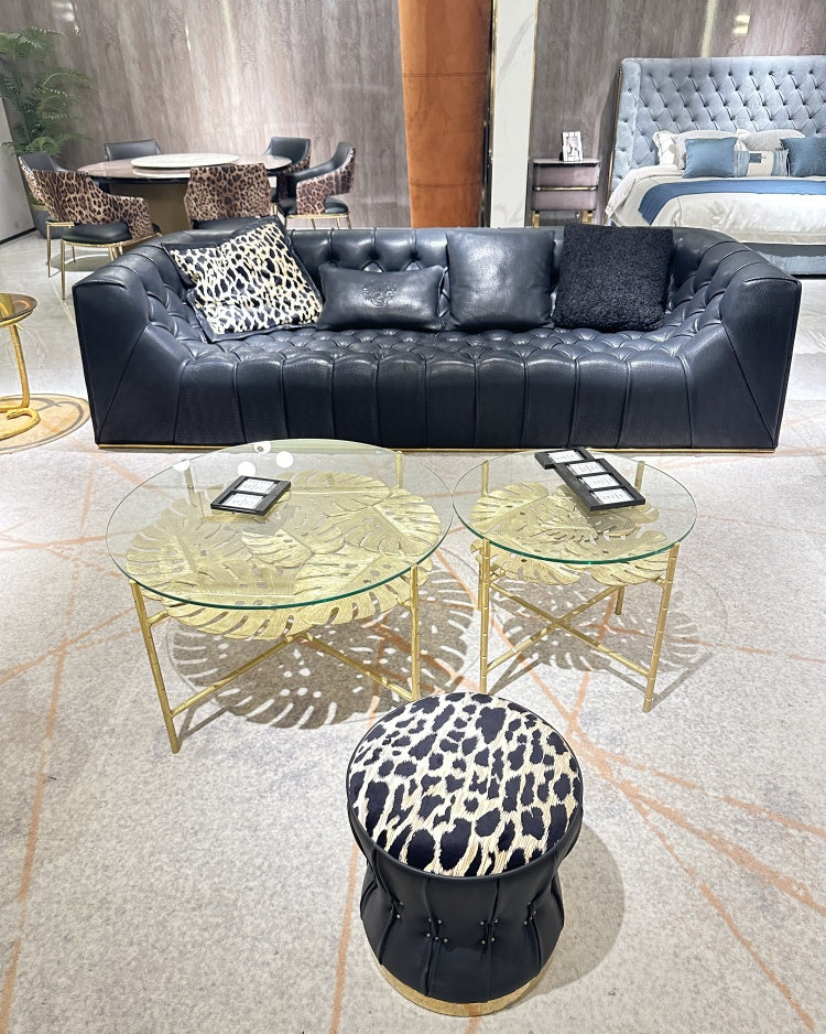 Italian Light Luxury robertocavalli Cracked Black Genuine Leather Villa Large Flat Living Room Straight Sofa