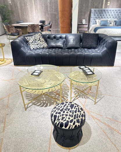 Italian Light Luxury robertocavalli Cracked Black Genuine Leather Villa Large Flat Living Room Straight Sofa