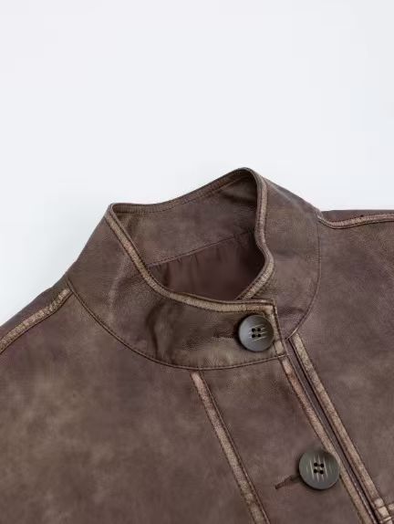 Dark brown urban casual short single-breasted vintage leather jacket