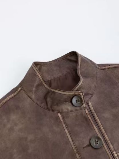 Dark brown urban casual short single-breasted vintage leather jacket