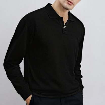 Loose-fitting, casual long-sleeved men's polo shirt with a collar.