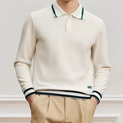 Stylish and casual color-blocked long-sleeved polo shirt with a turn-down collar