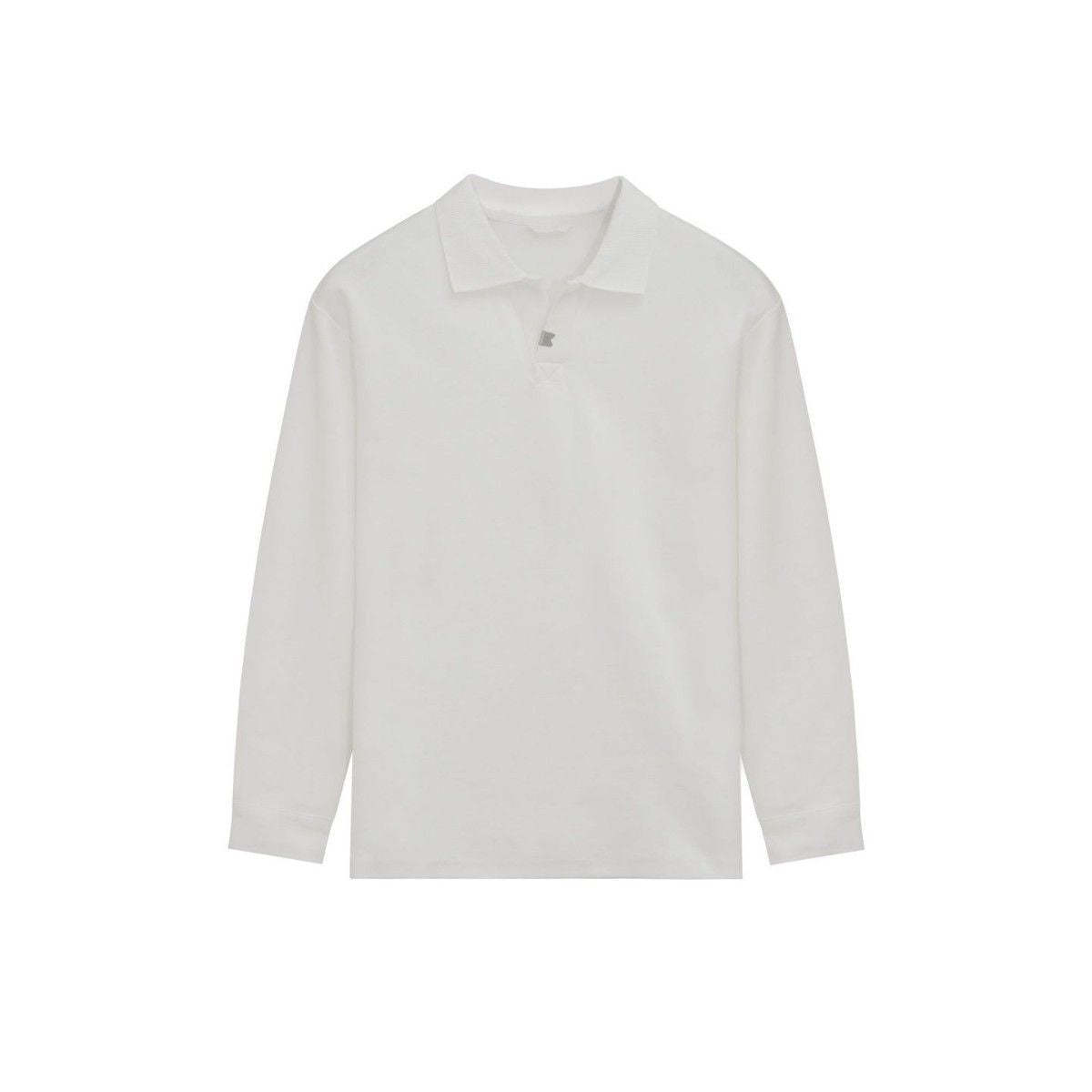 Loose-fitting, casual long-sleeved men's polo shirt with a collar.