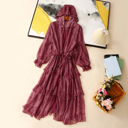 Silk embroidered cardigan jacket with hood