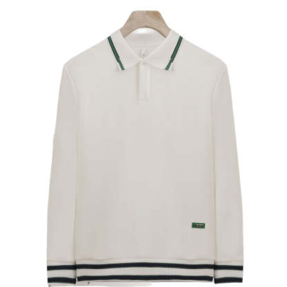 Stylish and casual color-blocked long-sleeved polo shirt with a turn-down collar