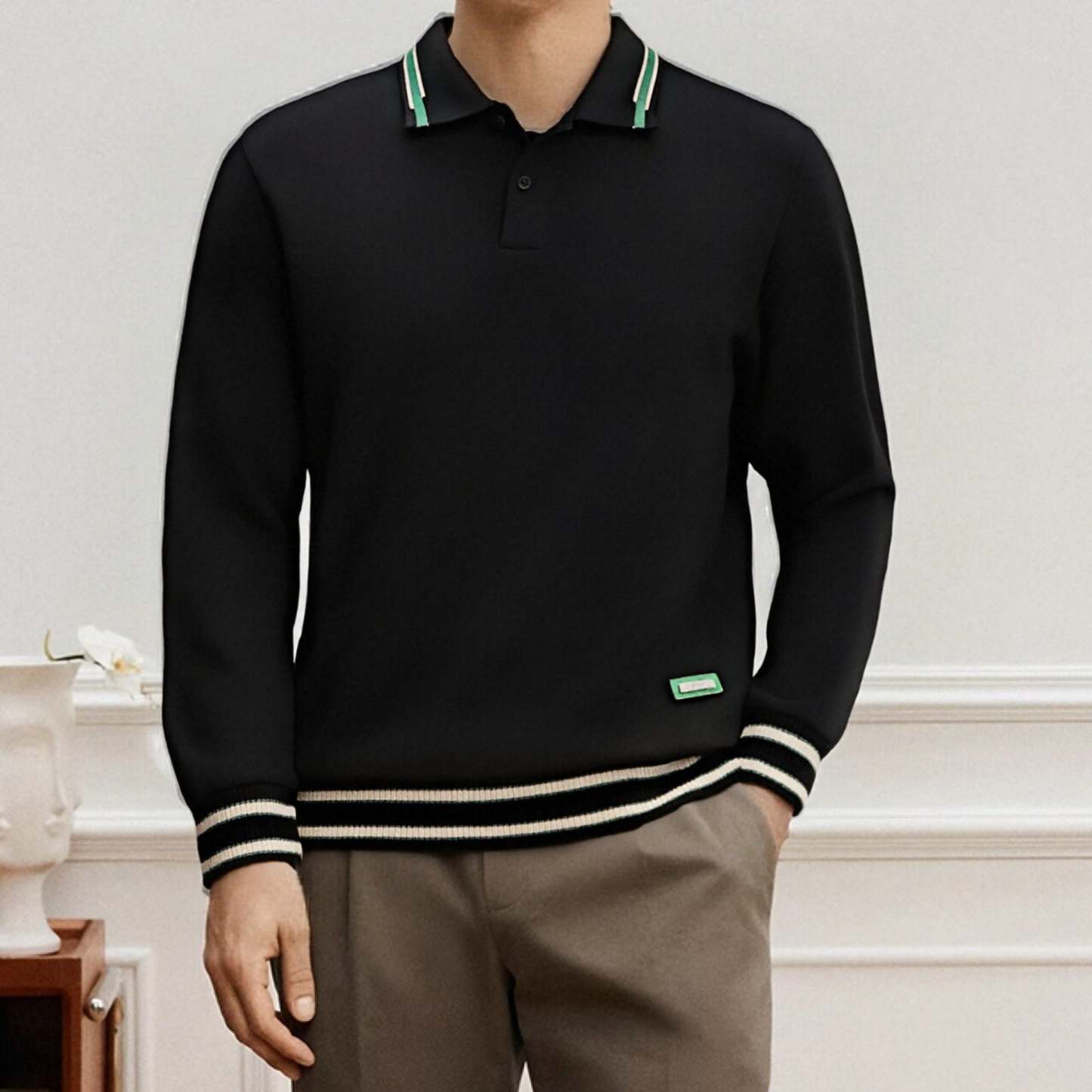 Stylish and casual color-blocked long-sleeved polo shirt with a turn-down collar