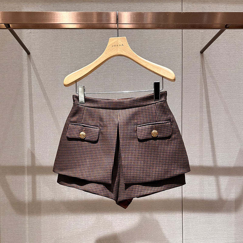 Checked casual versatile wide-leg shorts