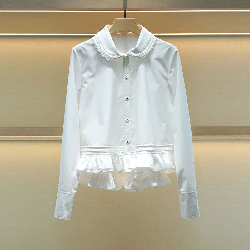 Peter Pan collar, patchwork, wavy hem, single-breasted shirt/blouse