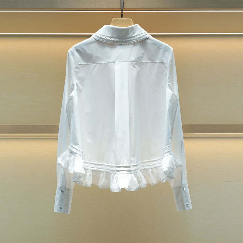 Peter Pan collar, patchwork, wavy hem, single-breasted shirt/blouse