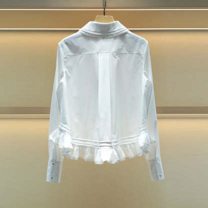 Peter Pan collar, patchwork, wavy hem, single-breasted shirt/blouse