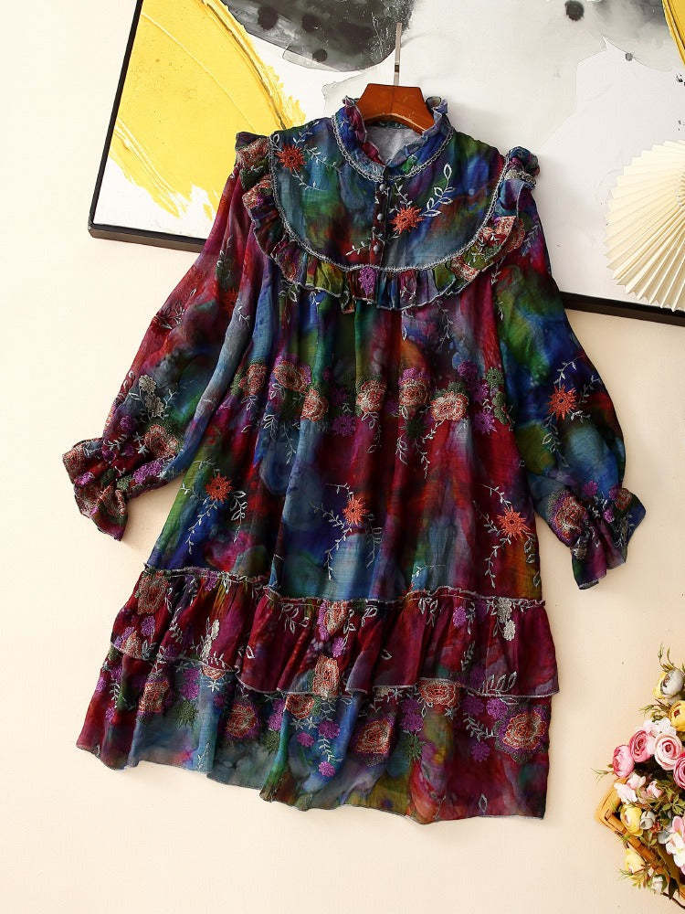 Printed and embroidered silk-cotton dress