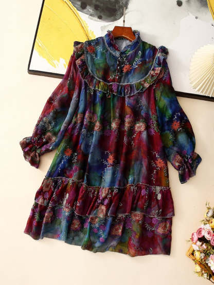 Printed and embroidered silk-cotton dress