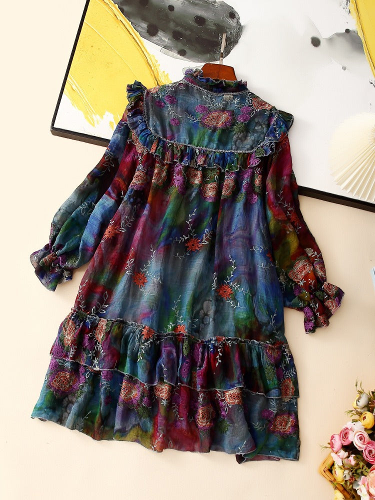 Printed and embroidered silk-cotton dress