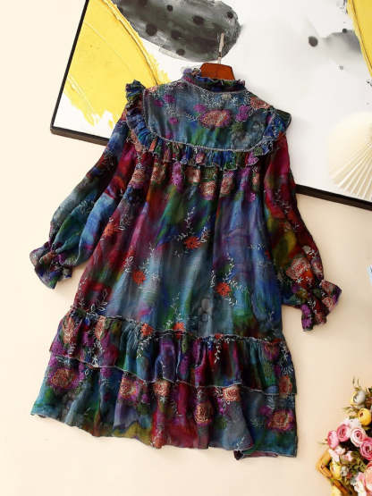 Printed and embroidered silk-cotton dress