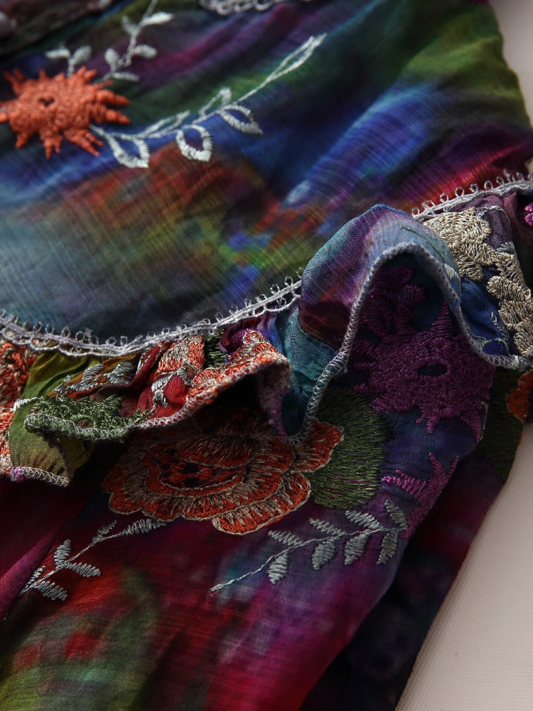 Printed and embroidered silk-cotton dress