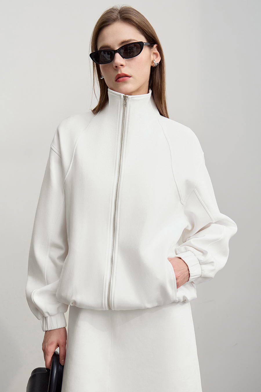 Pure Cotton Stand Up Collar Zipper Drop Shoulder Jacket |Amii