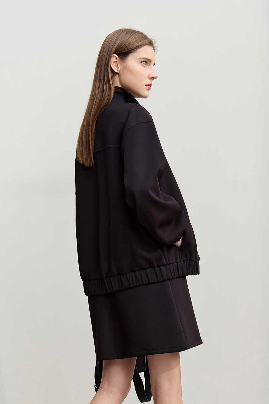 Pure Cotton Stand Up Collar Zipper Drop Shoulder Jacket |Amii