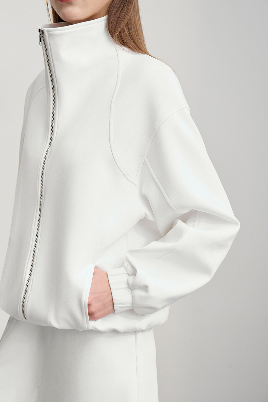 Pure Cotton Stand Up Collar Zipper Drop Shoulder Jacket |Amii