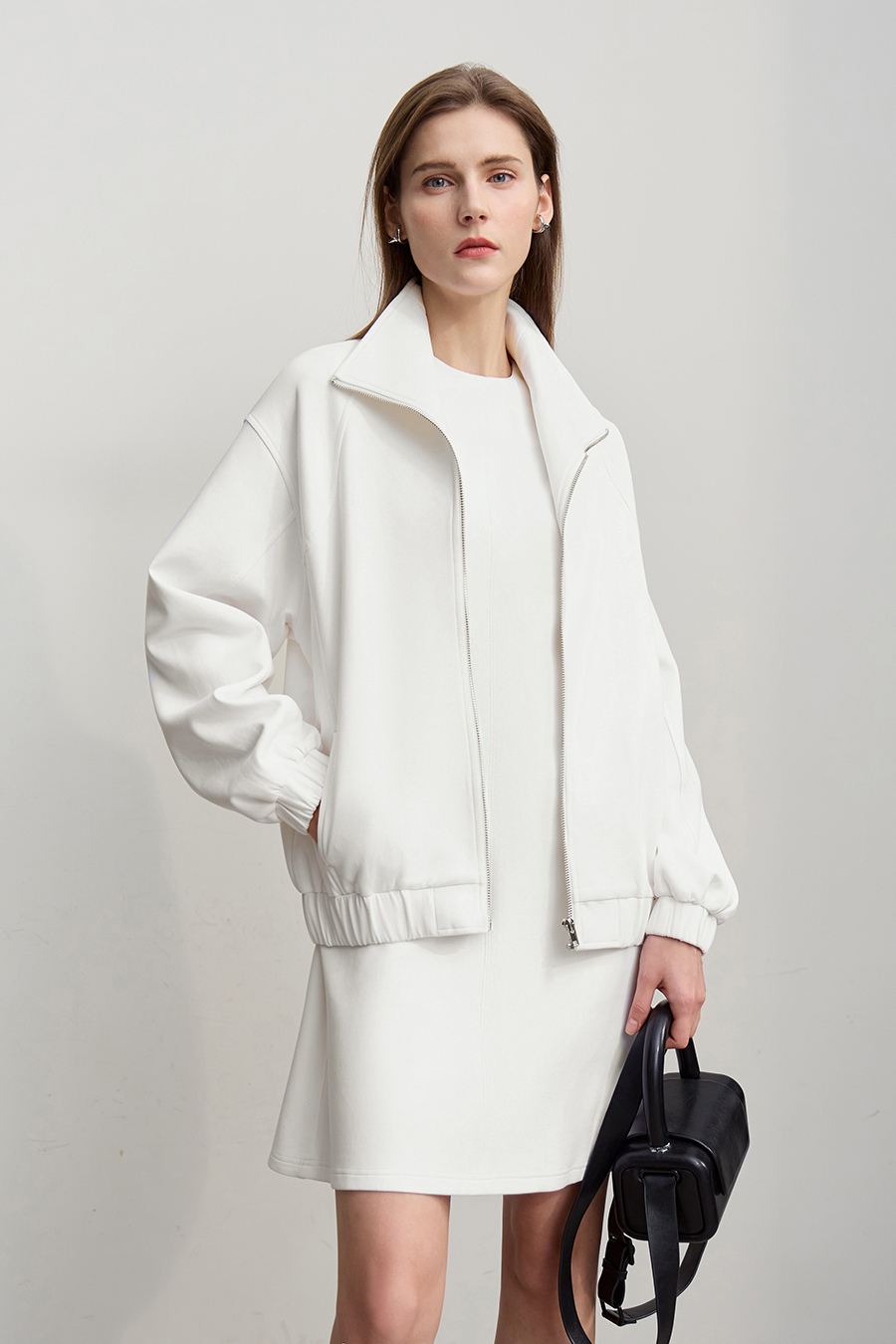 Pure Cotton Stand Up Collar Zipper Drop Shoulder Jacket |Amii