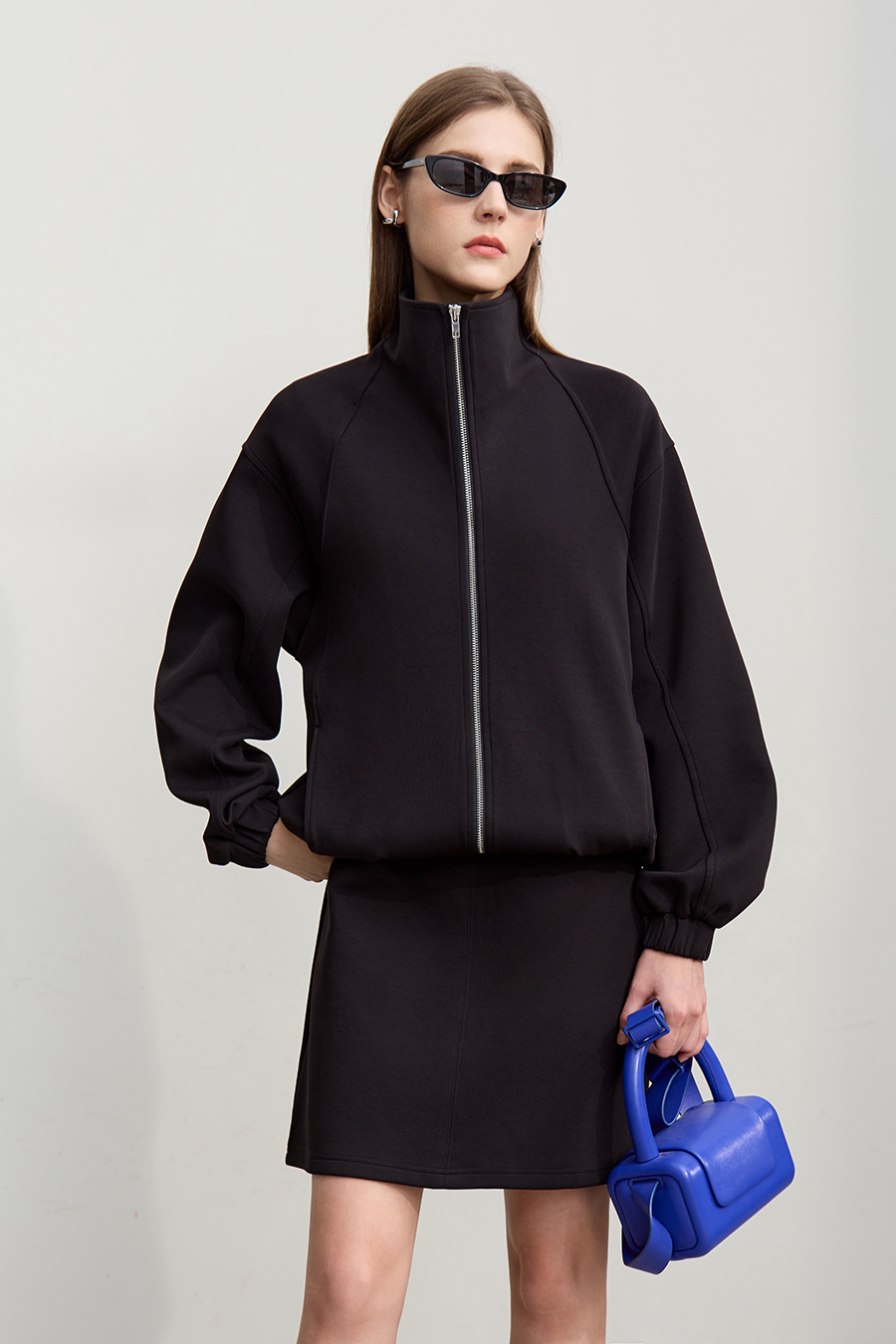 Pure Cotton Stand Up Collar Zipper Drop Shoulder Jacket |Amii