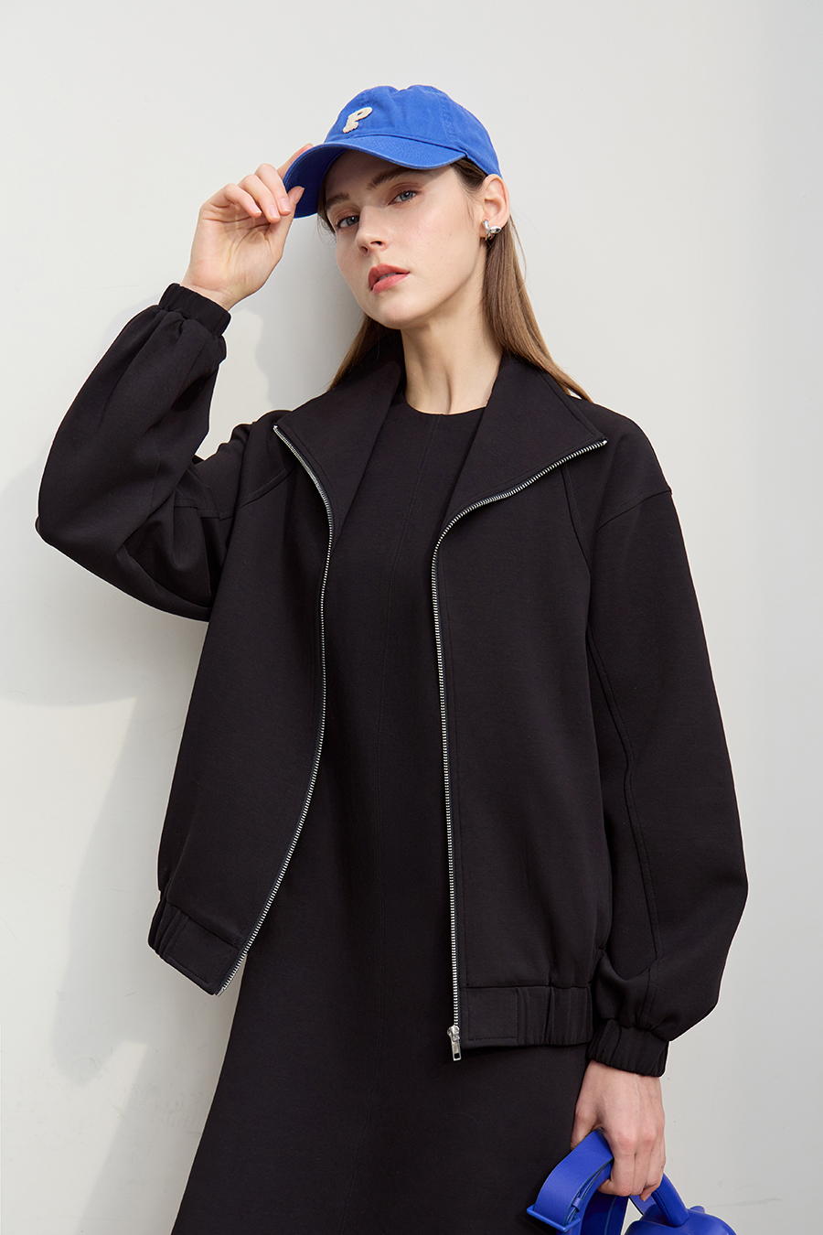 Pure Cotton Stand Up Collar Zipper Drop Shoulder Jacket |Amii