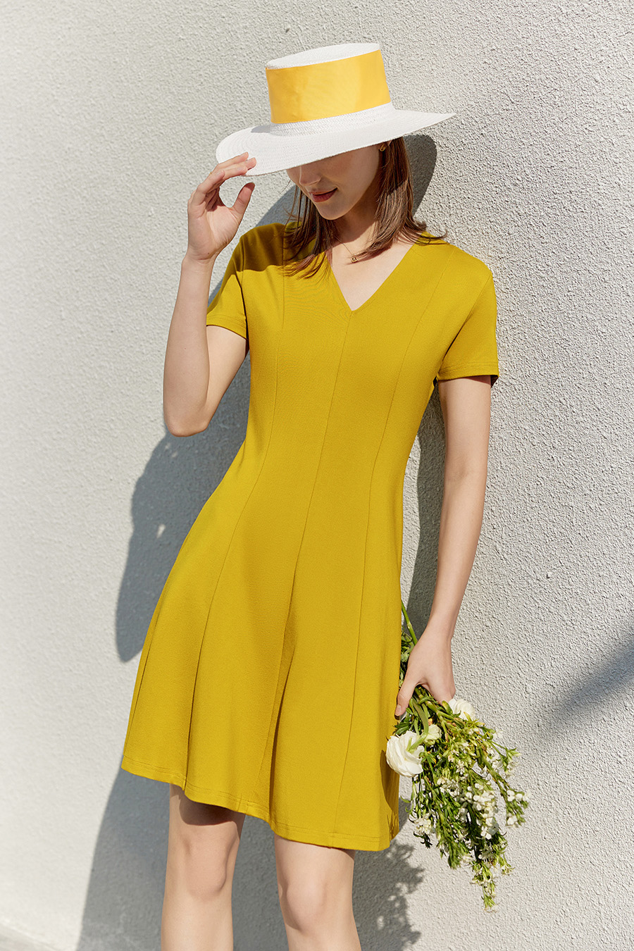 Paneled Slim Fit V-Neck Dress|AMII-AMII.com