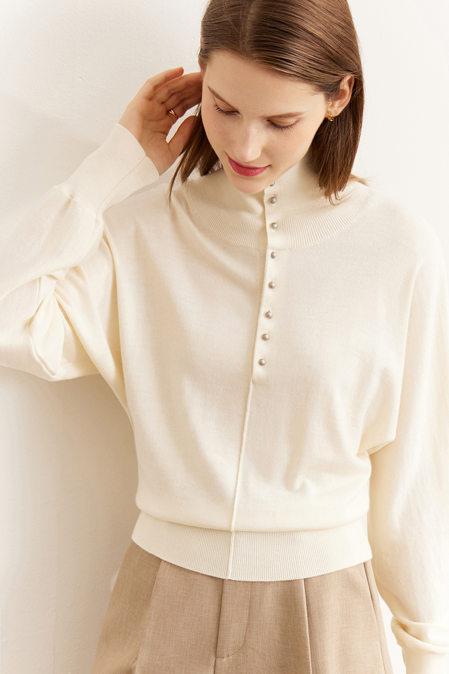 High Neck Buttoned Loose Wool Sweater|AMII-AMII.com