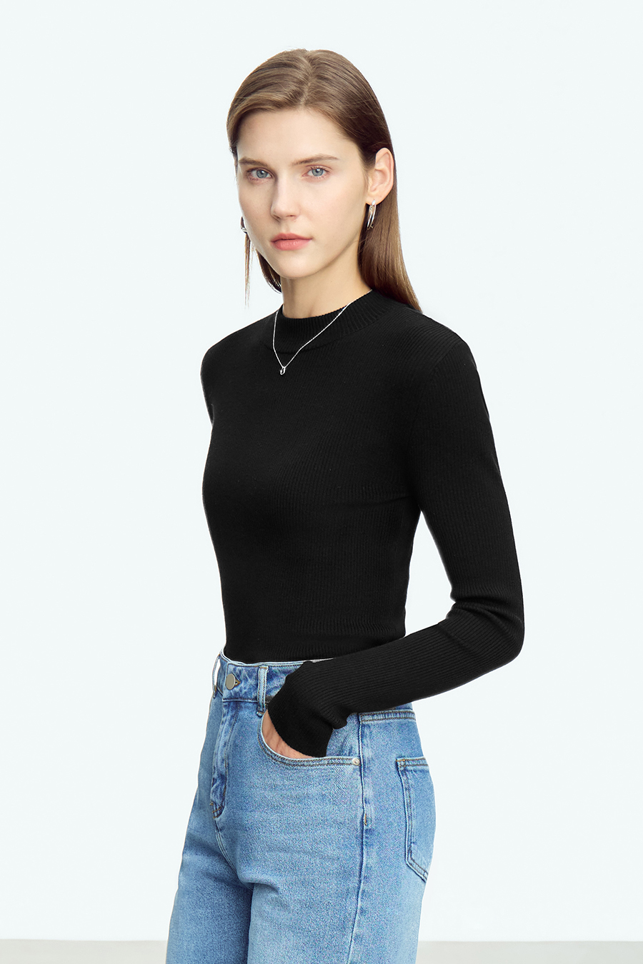 Mock Neck Ribbed Sweater|AMII-AMII.com