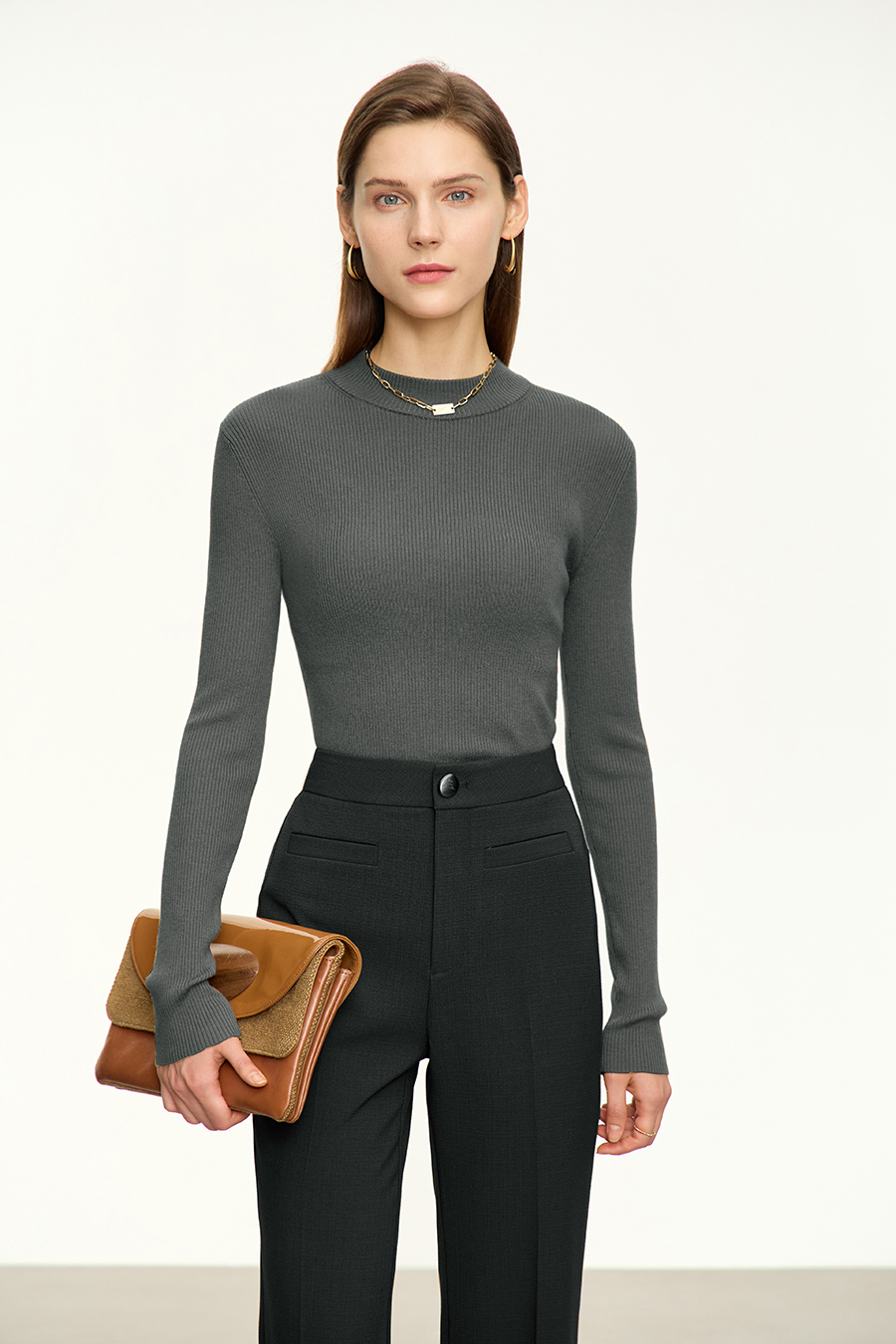 Mock Neck Ribbed Sweater|AMII-AMII.com